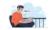 © Roy - Man with headphones working on laptop outdoors, online communication concept