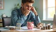 © miss irine - Man thinks about financial planning using piggy bank model house and coins. Person contemplates personal wealth investment budget future strategy decision making.
