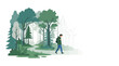 © Izzdnn - A person with a backpack walking on a winding path through a stylized green forest with trees fading into the background.