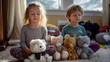 © Maksym - Two siblings sitting cross-legged on bedroom carpet, eyes closed with peaceful expressions, stuffed animals arranged in circle around them, soft morning light through curtains, per