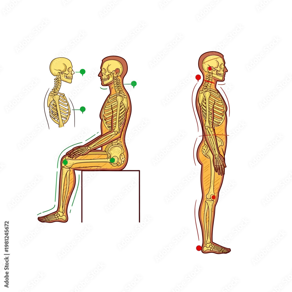 Detailed anatomical diagram illustrating correct sitting posture and ...
