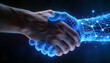 © SinarAi - Futuristic collaboration between humans and artificial intelligence represented by a handshake of flesh and digital light