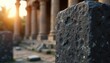 © Viktor - Close up of weathered volcanic stone with pitted surface, ancient stone stele in foreground. Blurred temple columns and warm sunset light in background. Textured backdrop for text.