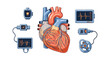 © Nure - A meticulously detailed anatomical human heart is displayed alongside several blue digital medical monitors showing heart rate waveforms and data.