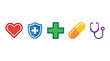 © Rafli - A collection of five medical and healthcare icons including a heart, shield, cross, pill, and stethoscope, symbolizing health and wellness.
