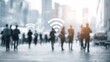 © MAGNIFIER - Business networking connection concept and Wi-Fi in city.Technology communication.Background blur building in the capital.