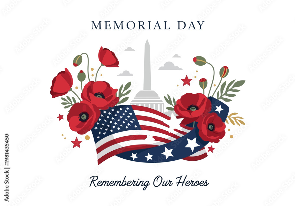 American Flag with Poppies and Stars. Stock Vector | Adobe Stock