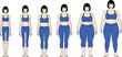 © Mst - Body positivity vector illustration set featuring diverse women body types from slim to plus size in blue sportswear for fitness health and inclusive marketing.