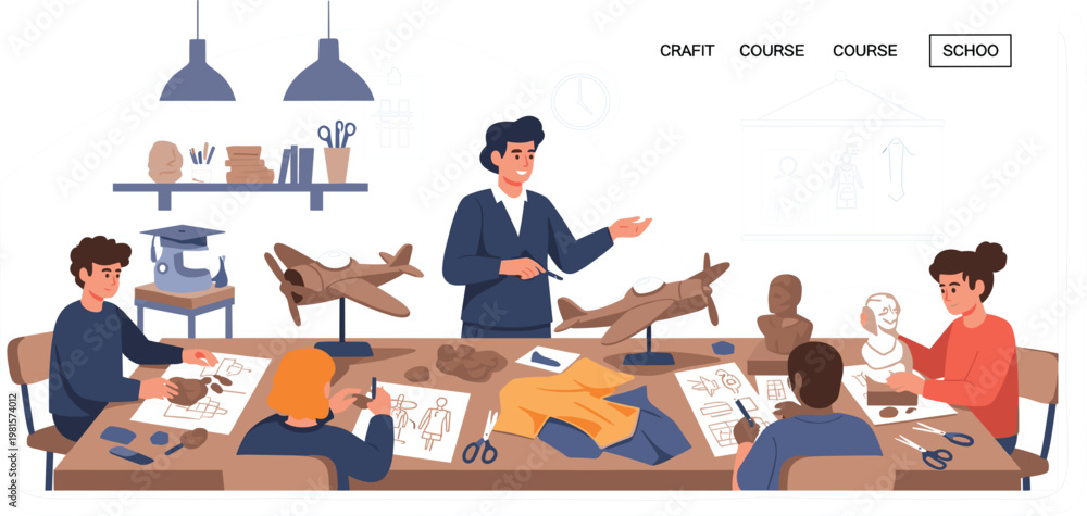 PrintCreative Art Classroom Scene with Teacher Guiding Students in ...