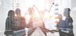 © InfiniteFlow - Business professionals engage in a strategic meeting, analyzing financial growth through graphs and data in a vibrant urban environment for better decision-making. Scalp