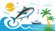 © Icons Queen - Colorful tuna fishing vector illustration with ocean waves boat tropical island sunset and jumping fish marine scene design