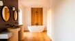 © The Little Hut - Modern Luxury Bathroom with Freestanding Tub, Double Vanities, and Warm Wood Accents Bathed in Natural Light