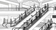 © kopi - People riding escalators in a busy shopping mall, illustration, black and white