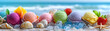 © linda_vostrovska - Colorful fruit ice creams on ice cubes, each paired with fresh fruit, placed on a sandy beach with seashells, starfish, and waves in the background. A vibrant and refreshing summer composition.