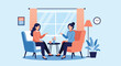 © Miken - Two women sitting in comfortable armchairs having a friendly conversation over coffee in a bright modern living room with a large window.