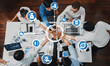 © InfiniteFlow - A diverse team collaborates in a strategic meeting, utilizing digital interfaces for project management and financial analysis to enhance productivity and innovation. Amity