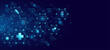 © sersupervector - Medical tech diagram featuring interconnected glowing hexagons with healthcare icons on dark blue background. Digital health concept for medicine or scientific biotech presentation. Vector.