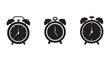 © BIBI - Black and white illustration of three classic alarm clocks with different times on white background  clocks have bells on top and hour and minute hands  no brand logos