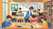 © Sarwanto1122 - Children learning in a bright classroom with a teacher, diverse students, books, and desks.