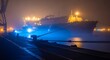 © thenort - Large ship docked at a port at night, shrouded in fog with bright yellow and blue lights