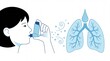© Mirala - Illustration of a person using a blue asthma inhaler with air flowing into healthy blue lungs, respiratory health, asthma treatment, medical care.