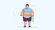 © Ali - Overweight man measuring his large belly with a tape measure.