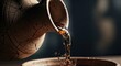 © pro stock photos - Ancient terracotta jug pouring amber liquid creating a splash in a rustic bowl symbolizing tradition beverage and artisanal craftsmanship with dramatic lighting and a moody dark background evoking