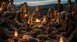 © pro stock photos - Ancient middle eastern men in traditional robes gathered around a vibrant campfire at dusk sharing a communal meal with abundant food and drink creating a warm spiritual atmosphere of fellowship