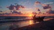 © Ham Ilham - A poignant silhouette of a solitary figure navigating a small watercraft across a tranquil ocean, set against the breathtaking backdrop of a dramatic, golden-hued sunset with illuminated, atmospheric
