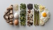 © Crocodilchik - bright green background with top view keto foods including salmon, avocado, eggs, nuts, and seeds, with half copy space for social media or infographic