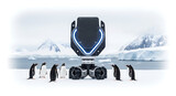 futuristic robotic drone with glowing blue lights and tracked wheels stands on snow in Antarctica with penguins gathered around, exploring the arctic environment