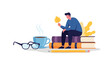 © Bulbul - Miniature man holding yellow autumn leaf sitting on stack of giant books next to large cup of steaming coffee and glasses.