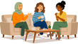 © Nusaimah - Diverse group of happy young women friends talking and laughing together on sofa at home vector illustration