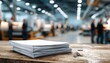 © Viral - A table with a neatly stacked pile of printed papers secured with paper clips in an industrial office or warehouse setting