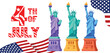 © Nusrat - Happy 4th of july text with colorful statues of liberty and american flag banner for patriotic celebrations invitations and festive holiday designs