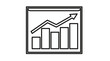 © Elva - Black and white minimalist vector icon of a business growth bar chart with an upward trending arrow inside a square frame, representing financial success, data analysis, and market progress.