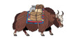 © hana - Illustration of a loaded yak walking, carrying supplies on its back, white background