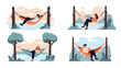 © Rahat - Peaceful collection of illustrations showing people relaxing, reading books, and napping in hammocks hung between trees by the water.