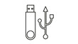© Sumon - Minimalist black outline vector icon illustration of a USB flash drive and universal serial bus symbol, representing digital data storage, computer hardware, connectivity, and file transfer.