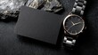 © Momin Photo Gallery - Elegent photo of  black business card mockup placed next to a luxury wristwatch on a dark textured background with copy space for corporate branding design.