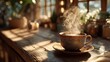© 楠 刘 - Cozy coffee break with steaming cup of fresh coffee on wooden table in warm inviting café, soft natural light, gentle steam, comfortable relaxing atmosphere
