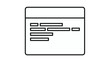 © Hania - Black line vector icon of a browser window or code editor interface with horizontal bars representing text or programming code, minimalist software development and web design symbol on white.