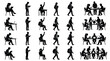 © Ai - Comprehensive black silhouette set of students in diverse educational poses such as sitting at desks, walking with backpacks, reading books, raising hands, and studying in group teams