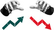 © ImageFlow - Collage of hands with strings over upward and downward arrows in halftone style on white background, concept of financial control