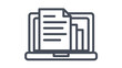© Rohan - Black line vector icon of a laptop computer featuring a document file and a bar chart on its screen, symbolizing digital data analysis, business reporting, and modern office technology solutions.