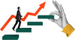 © ImageFlow - Man climbing green steps with a rising red arrow and large hand placing a block in collage style on white background, concept of progress and career growth