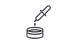 © Hira - Minimalist black vector icon illustration of a medical dropper pipette dripping liquid into a small petri dish or laboratory container, symbol for scientific research, health, and medicine.