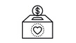 © Laiba - Black and white vector icon illustration of a donation box featuring a heart symbol and a coin being dropped into the slot, symbolizing charity, philanthropy, giving, and social support services.