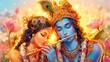 © Natalia - Traditional Indian devotional illustration depicting Lord Krishna and Radha playing flute amidst blooming lotus flowers in a vibrant, colorful setting