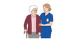 © naufal - Professional medical nurse assisting elderly woman with walking cane on white background, concept for geriatric nursing care, retirement home services and elderly patient assistance